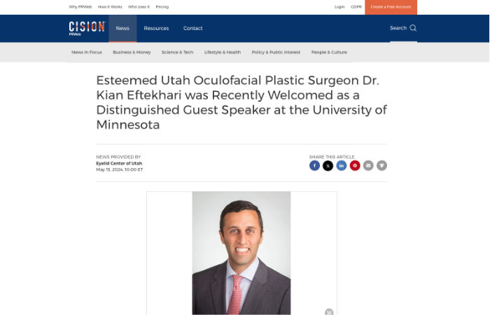 screenshot of the article titled: Esteemed Utah Oculofacial Plastic Surgeon Dr. Kian Eftekhari was Recently Welcomed as a Distinguished Guest Speaker at the University of Minnesota